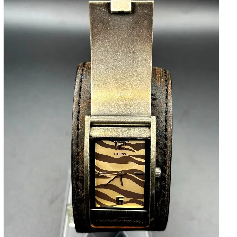 Vintage GUESS G55342L Armored Tiger Leather Cuff Flip Cover Y2K Watch